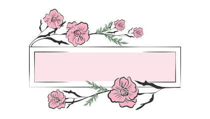 Romantic Hand-Drawn Floral Banner with Soft Pink Spring Flowers and Green Leaves. Stylish Frame for Invitations, Greeting Cards, Branding, and Elegant Decorative Designs.