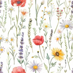 Seamless watercolor pattern of wildflowers including poppies, daisies, and lavender. Soft white background, ideal for nature-inspired fabrics.