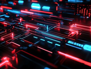 Fototapeta premium Abstract futuristic technology background. Glowing neon red and blue lines on a dark surface. Ideal for tech, AI, and digital concepts.