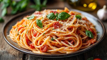 Delicious spaghetti with tomato sauce, basil, and parmesan cheese.
