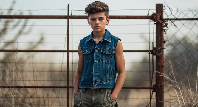 Confident teen boy in sleeveless denim vest and cargo pants standing by rusty fence gritty attitude photography model