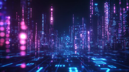 Futuristic Digital Cityscape with Abstract Blue and Purple Light Trails