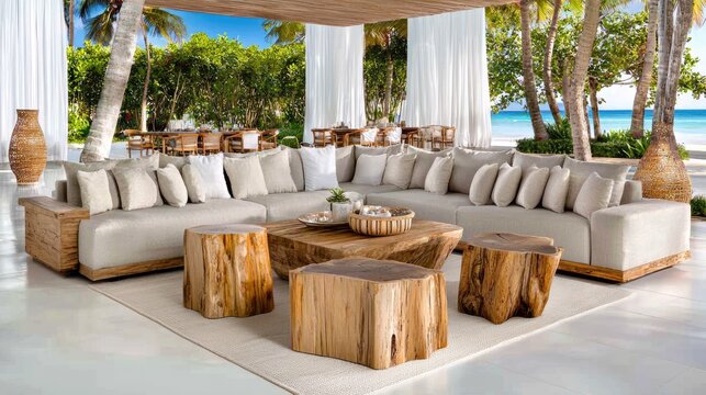 Stylish outdoor lounge setup with cozy beige sofa beachside resort modern design tropical vibes