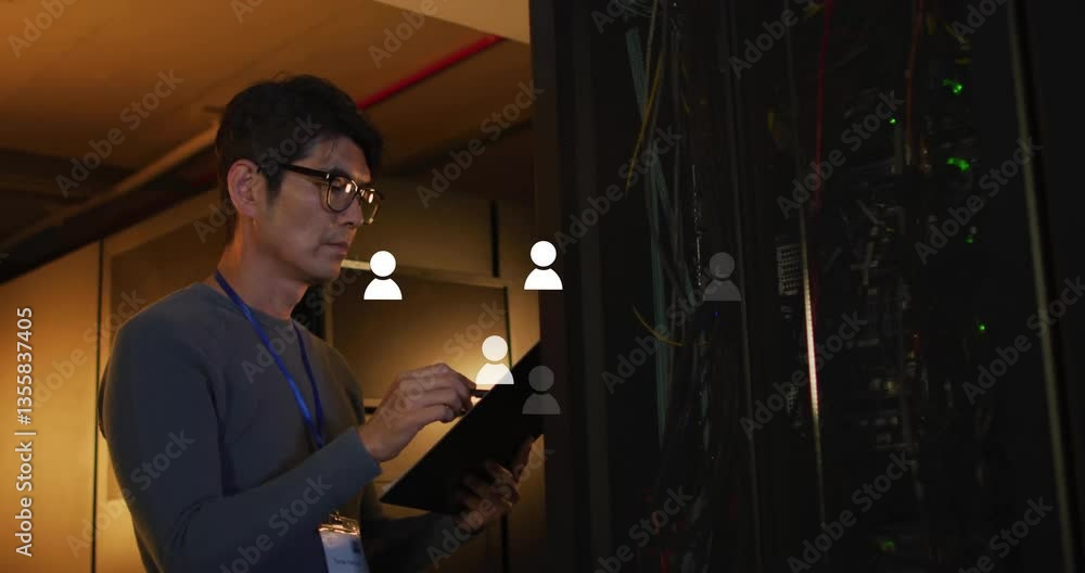 Poster using tablet, man in server room with animation of network connection icons