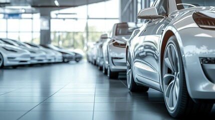 Modern automobiles aligned in a bright showroom display setting