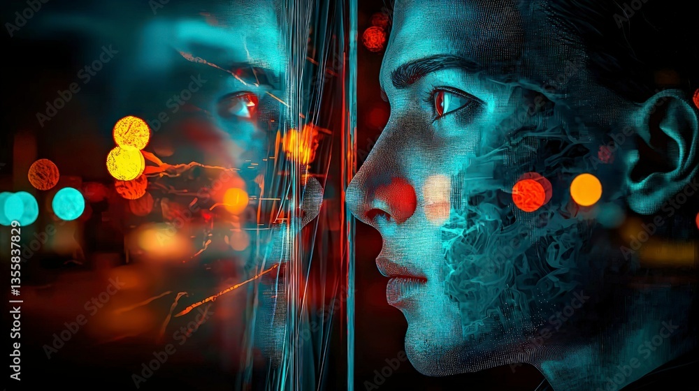 Poster futuristic ai portrait identity reflection cyberpunk style