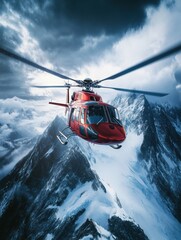 Obraz premium Rescue helicopter navigates dramatic mountain landscape under intense cloud formations during daylight hours