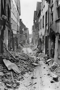 Fototapeta  Historic black and white photo of war-damaged streets surrounded by ruins