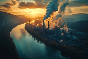 Industrial plant polluting a river during a colorful sunset