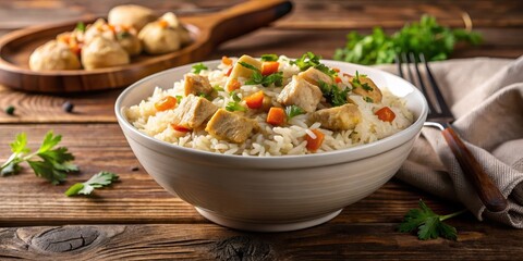 Aromatic Basmati Rice and Chicken Fricassee in a White Ceramic Bowl on a Wooden Table