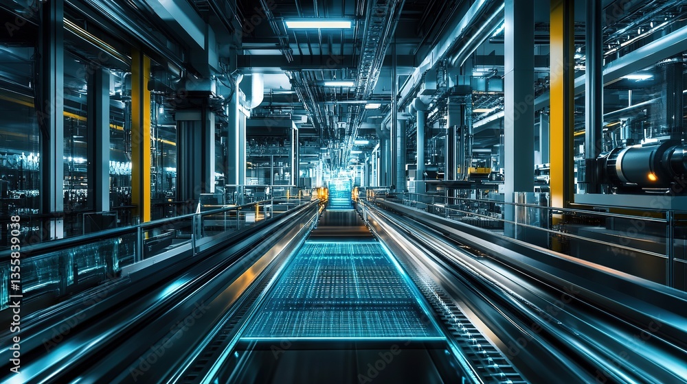 Poster a futuristic factory powered by quantum computing for real-time automation.