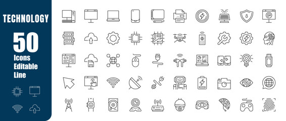 Set of editable technology icons. Innovation, devices, connectivity, software, artificial intelligence. Modern-style vector illustration