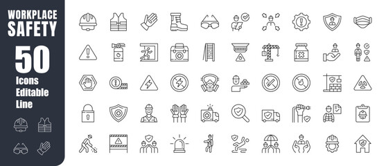 Set of editable workplace safety icons. Prevention, protection, occupational risks, safety equipment, regulations. Modern-style vector illustration