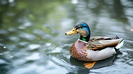 Fototapeta premium A colorful mallard duck floats peacefully on calm water in nature