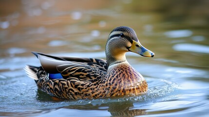 A detailed portrait of a mallard duck gracefully swimming in water