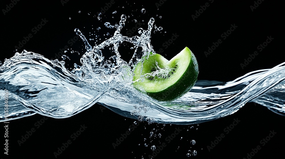 Poster kiwi fruit splashing into water, creating dynamic wave and droplets against a black background.