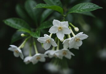 雨上がりの白花 緑葉に映える清楚な美しさ