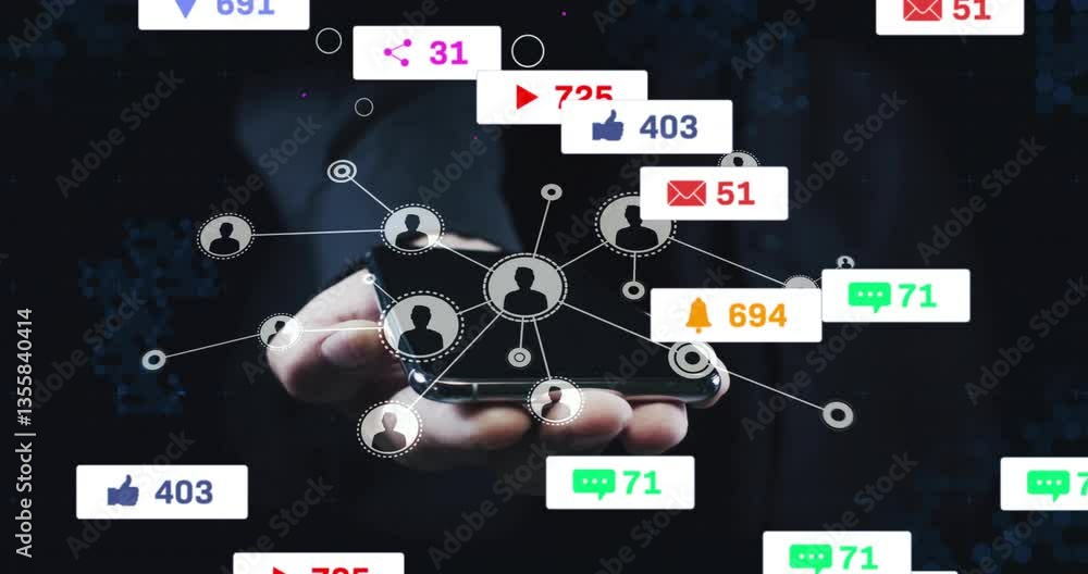 Poster holding smartphone with social media notifications and network animation in hand