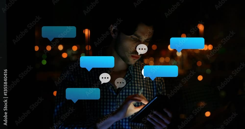 Poster using smartphone, man surrounded by blue chat bubbles in dark animation setting