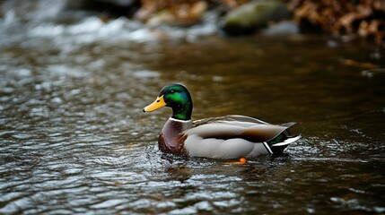A beautiful mallard duck gracefully swimming in clear water of stream