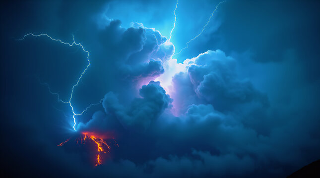 Electric blue lightning strikes ash clouds, pyroclastic, contrasted with lava and ice