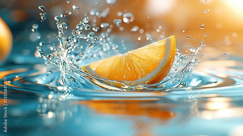 Poster lemon slice splashing into water, creating vibrant ripples and droplets.