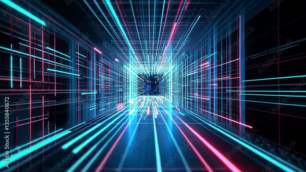 Poster digital corridor: a dynamic digital tunnel explodes with vibrant neon lights, creating a captivating