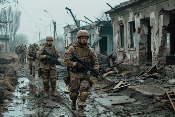 Fototapeta premium Full-body shot of soldiers in a war-torn eastern european town