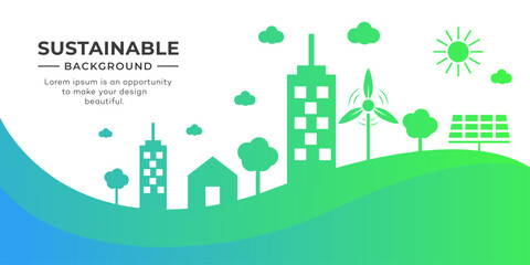 Obraz premium Green energy planet illustration shows windmills, solar panels, and building symbols representing sustainable development in ecology concept. Sustainable background, save environment.