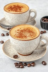Fototapeta premium Two coffee cups, cappuccino, light background