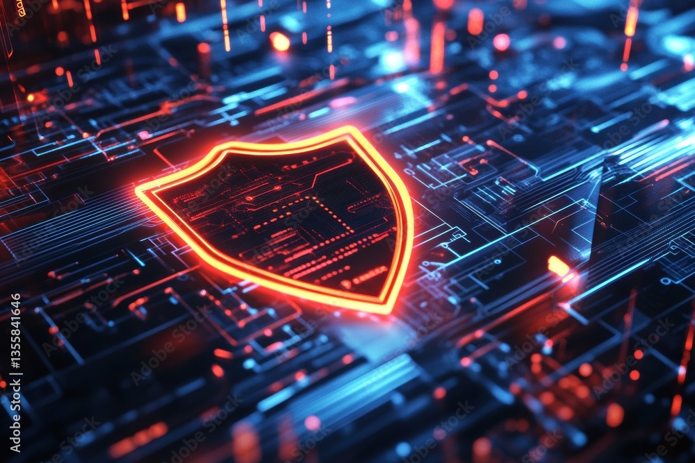 Poster conceptual security background featuring a glowing shield symbol amidst neon lights and a digital la
