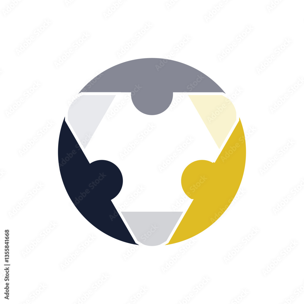 Poster the image shows a flat logo design that depicts a round shape made of three connected abstract peopl