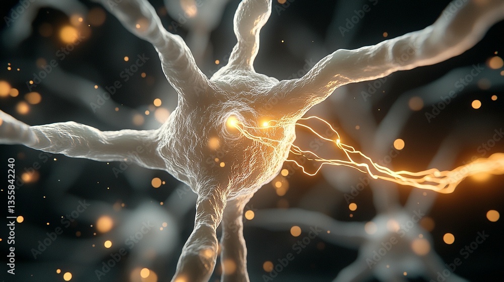 Poster microscopic view of a neuron firing, showing dendrites, axon, and synapses with glowing particles.