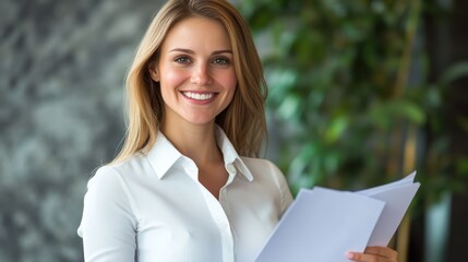 Confident businesswoman with a bright smile holding important documents
