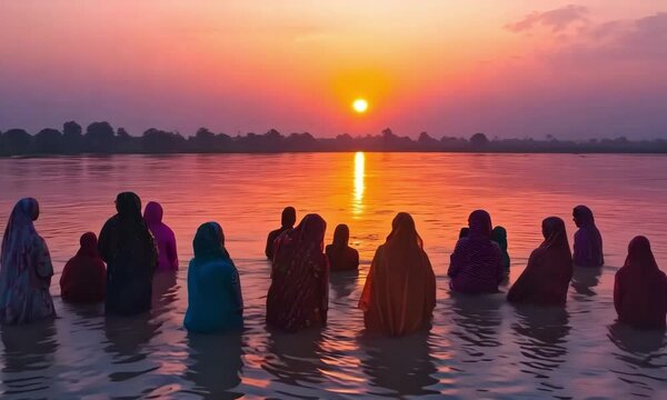 Chhath Puja in Bihar, with women standing waist-deep in the river, offering prayers to the setting and rising sun
