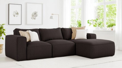 Fototapeta premium Modern luxurious living room with deep brown sofa in bright minimalist environment