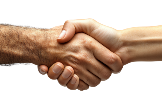 Close-up of a handshake symbolizing partnership and agreement, white isolated background.