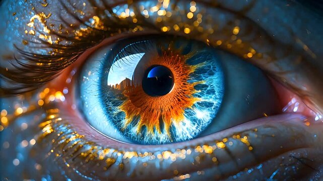 Detailed macro of human eye with glowing particles and vibrant iris pattern
