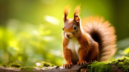 A squirrel is standing on a branch in a green forest