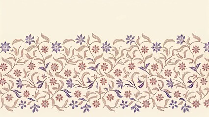 Vintage Floral pattern seamless embroidery texture background border. Pink blue Flower motif vintage minimal style illustration hand drawn