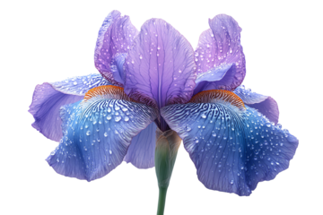 Close-up of a vibrant purple iris flower with water droplets, showcasing its delicate petals against a white background.