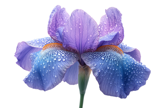 Close-up of a vibrant purple iris flower with water droplets, showcasing its delicate petals against a white background.