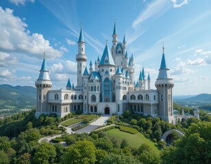 Fototapeta premium Majestic Fairytale Castle on Hilltop Scenic Landscape under Blue Sky