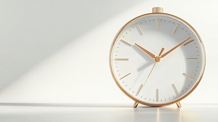 Minimalist rose gold alarm clock on white background, showing time.