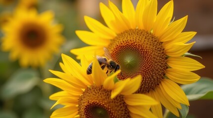 Obraz premium Bee on a sunflower with a beehive backdrop in warm tones, perfect for bee habitat conservation visuals.