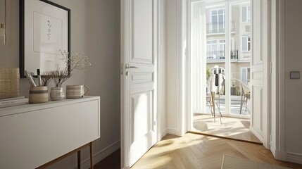 Fototapeta premium Minimalist aesthetic console table in stylish interior modern apartment architectural photography bright view