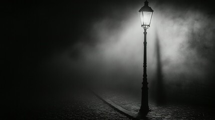 An illuminated street lamp stands in the midst of a misty night