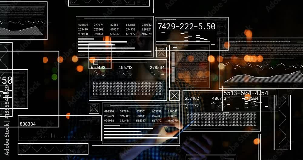 Poster in school, person using tablet with animation and digital data overlaying screen