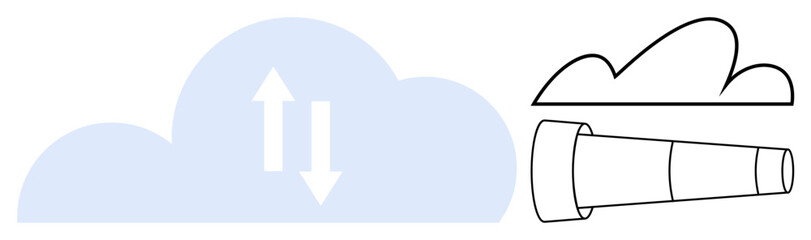 Telescope facing stylized cloud with vertical arrows indicating data transfer. Ideal for cloud computing, data analysis, communication, remote work, innovation, vision, connection. Flat simple