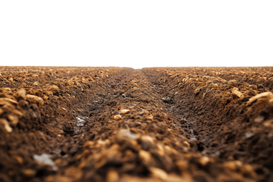 Close-up of rich, fertile soil with furrows, ideal for agriculture and gardening. Perfect background for farm-related themes.